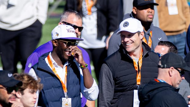 Kwesi Adofo-Mensah and Kevin O'Connell at the 2024 Senior Bowl in Mobile, Alabama.